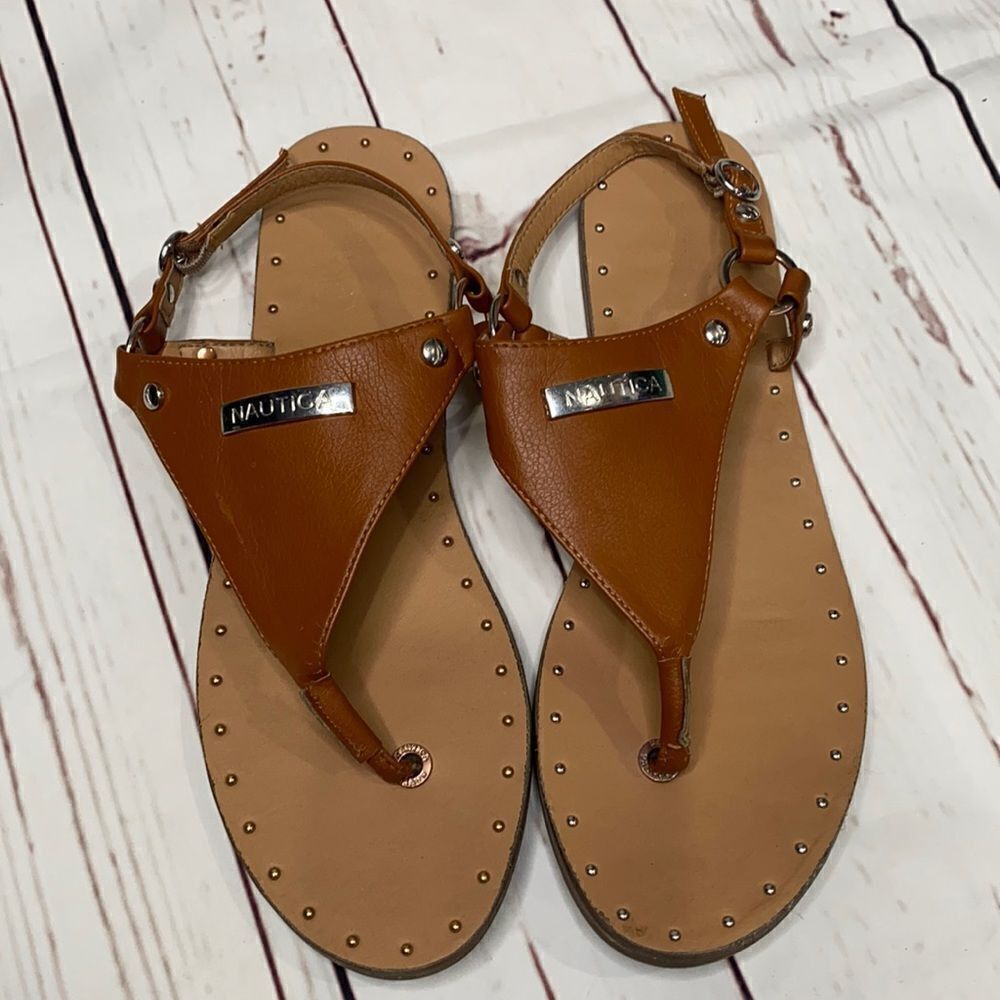 Nautica Tan Leather & Silver Thong Sandals